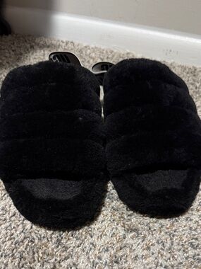 UGG Women's Black Faux-Fur Slide Slippers